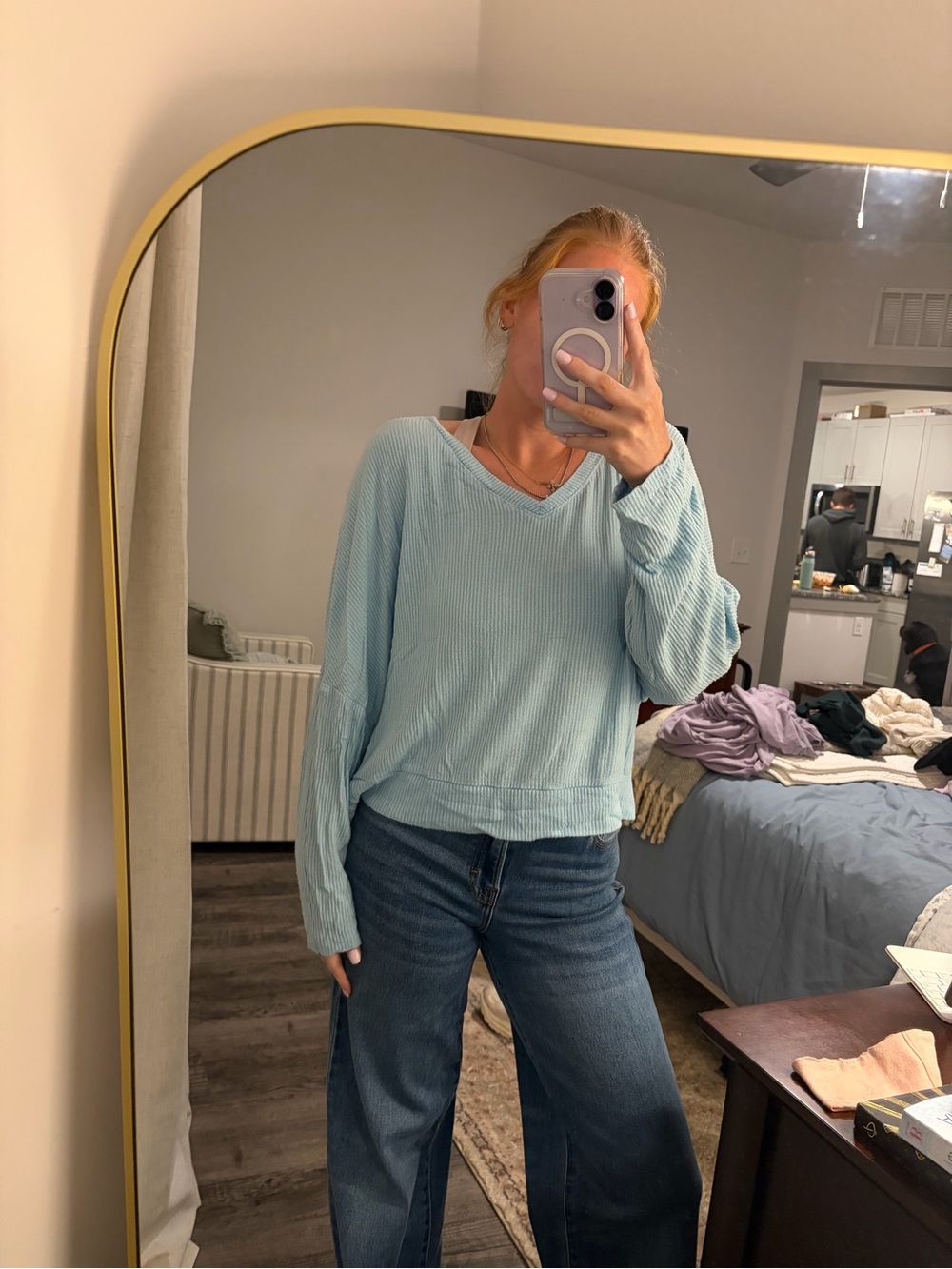 Target Women's Light Blue V-Neck Waffle Knit Hoodie